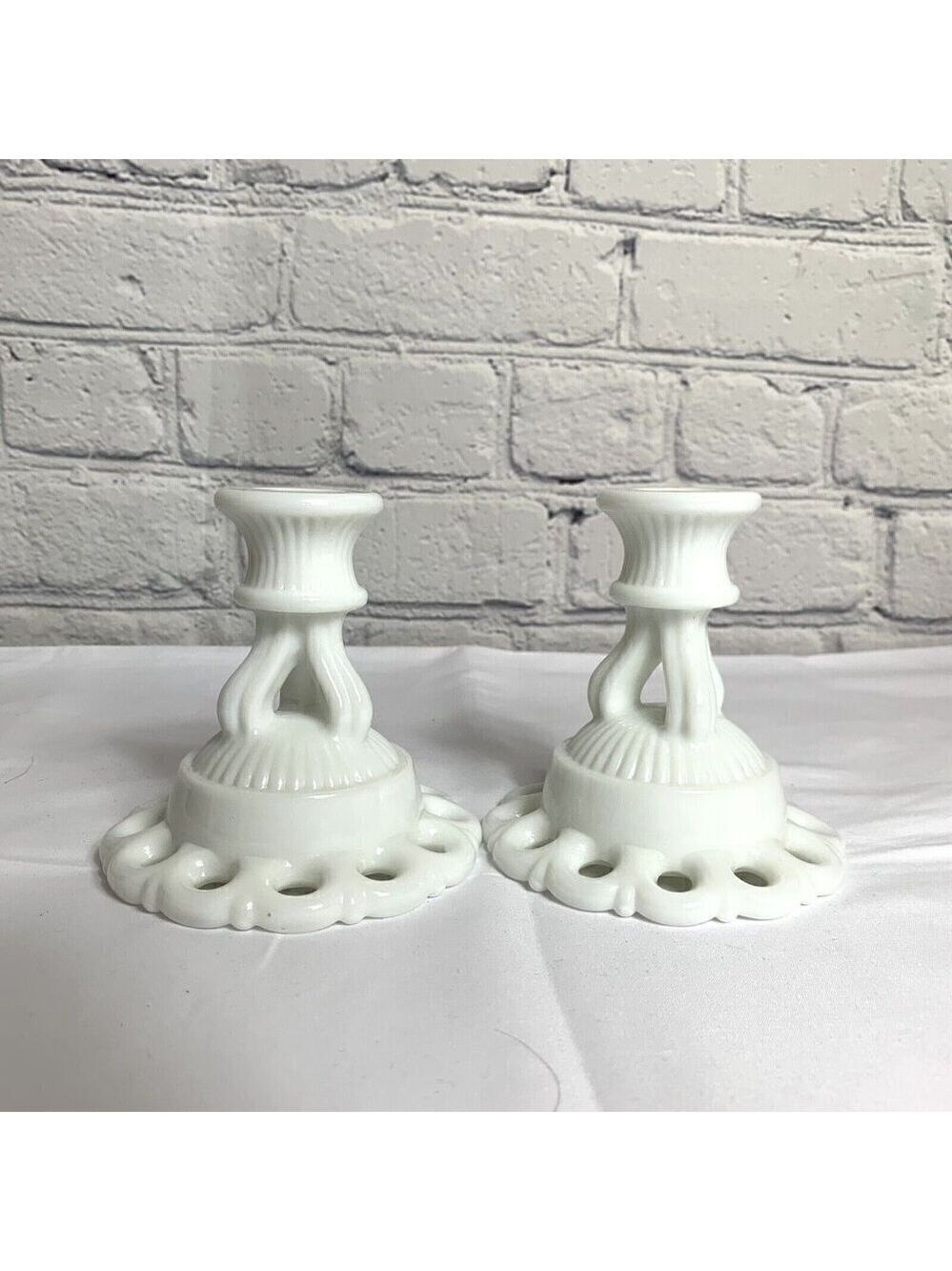 Westmoreland Doric Lace White Milk Glass Candlestick Holders